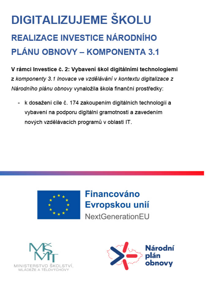 Digitalizujeme školu — realizace investice Národního plánu obnovy, komponenta 3.1